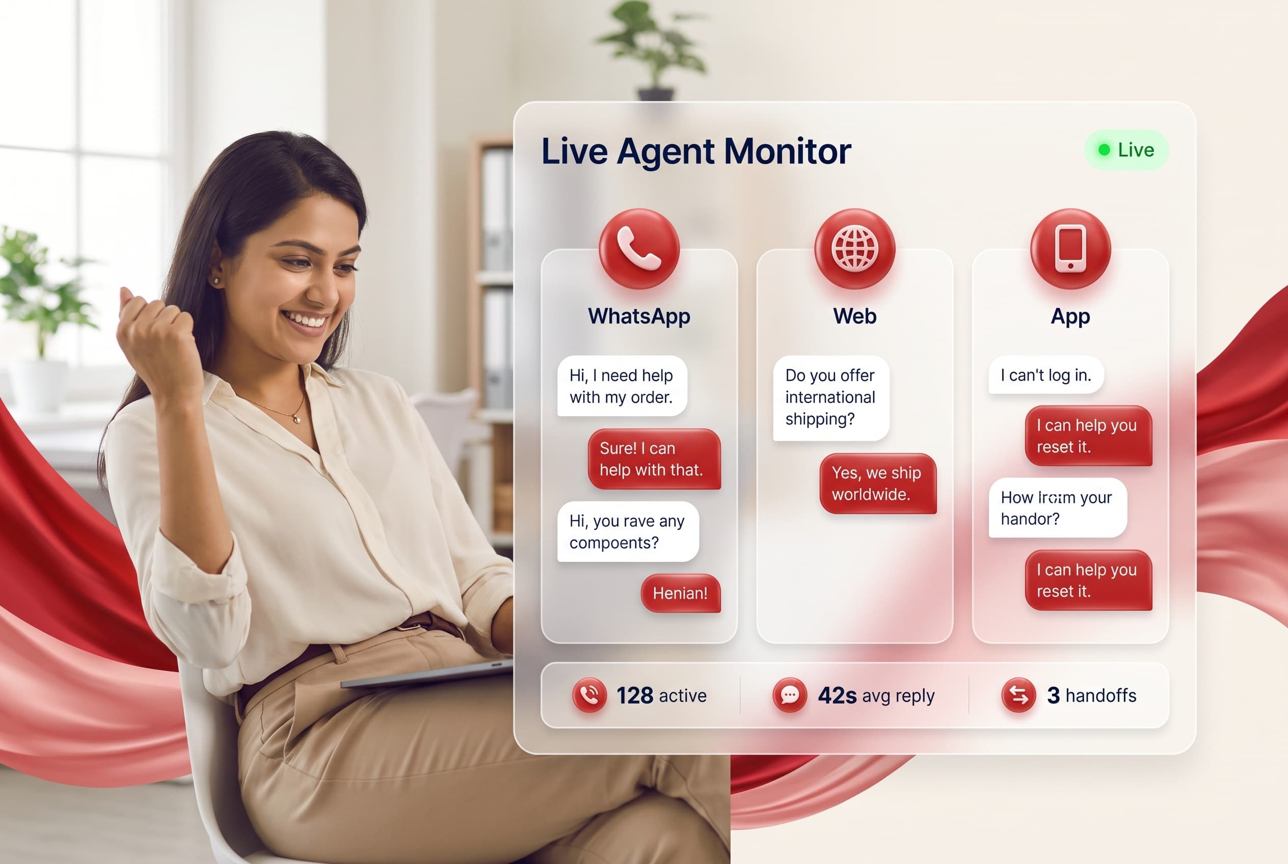 Live agent monitor showing WhatsApp, Web and App threads side by side