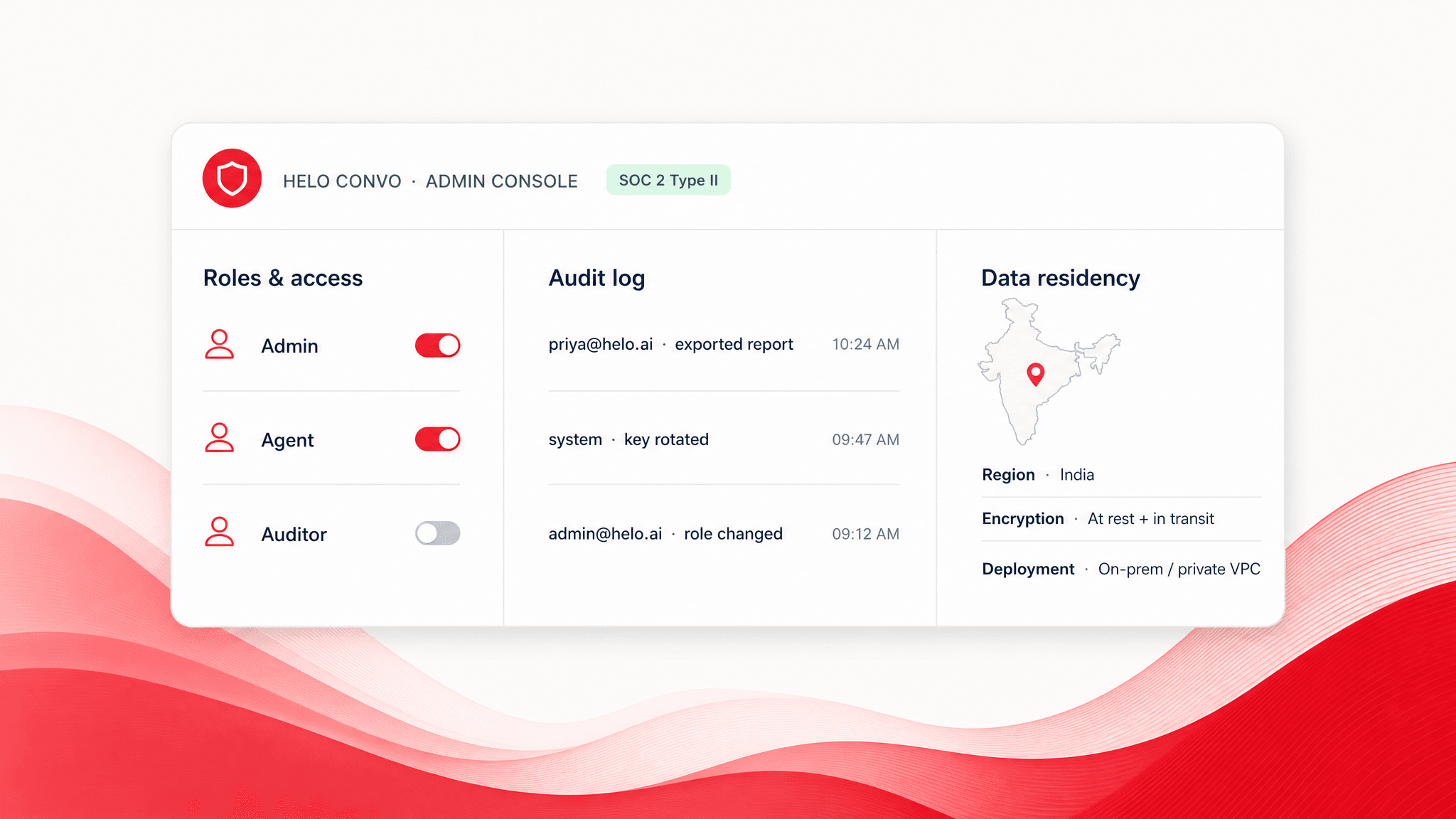 Compliance and admin console showing roles, audit log and data residency settings