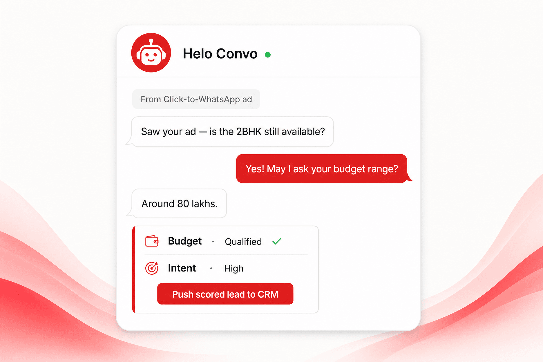 Chat opened from a Meta CTWA ad with qualification questions and a lead pushed to CRM