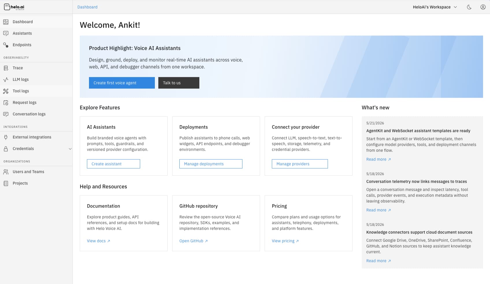 Helo Voice enterprise dashboard for live calling