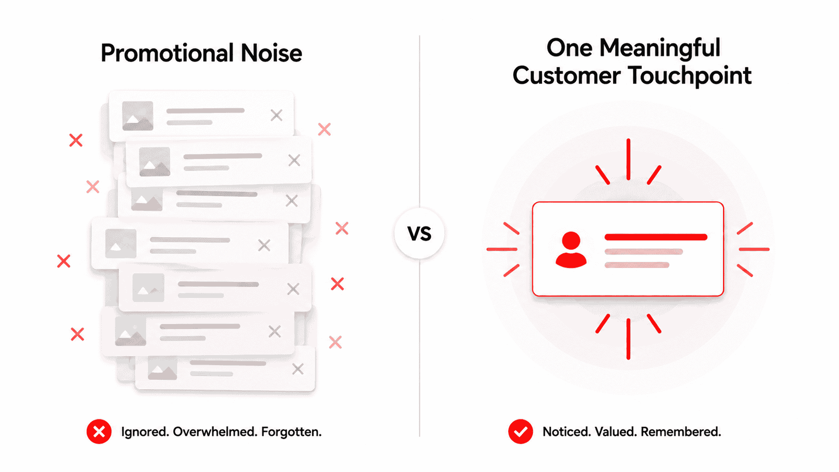 A comparison showing the difference between visible customer touchpoints and ignored promotional content.