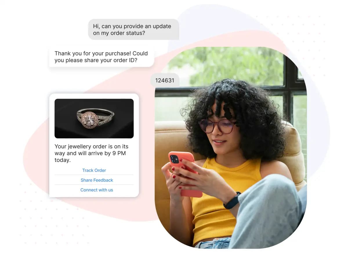 Woman tracking jewelry order via WhatsApp Business API