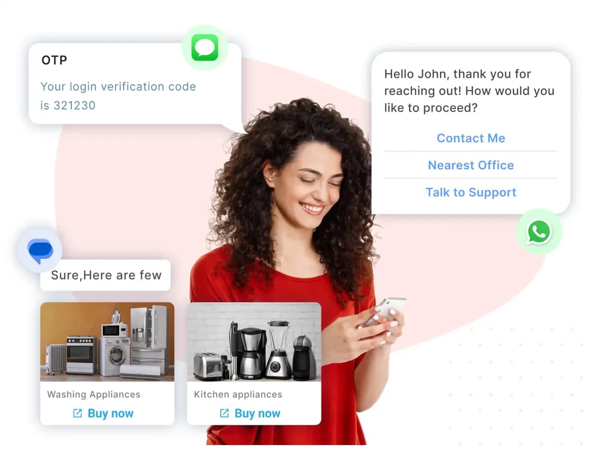 Woman using AI chat for OTP, support, and appliance shopping