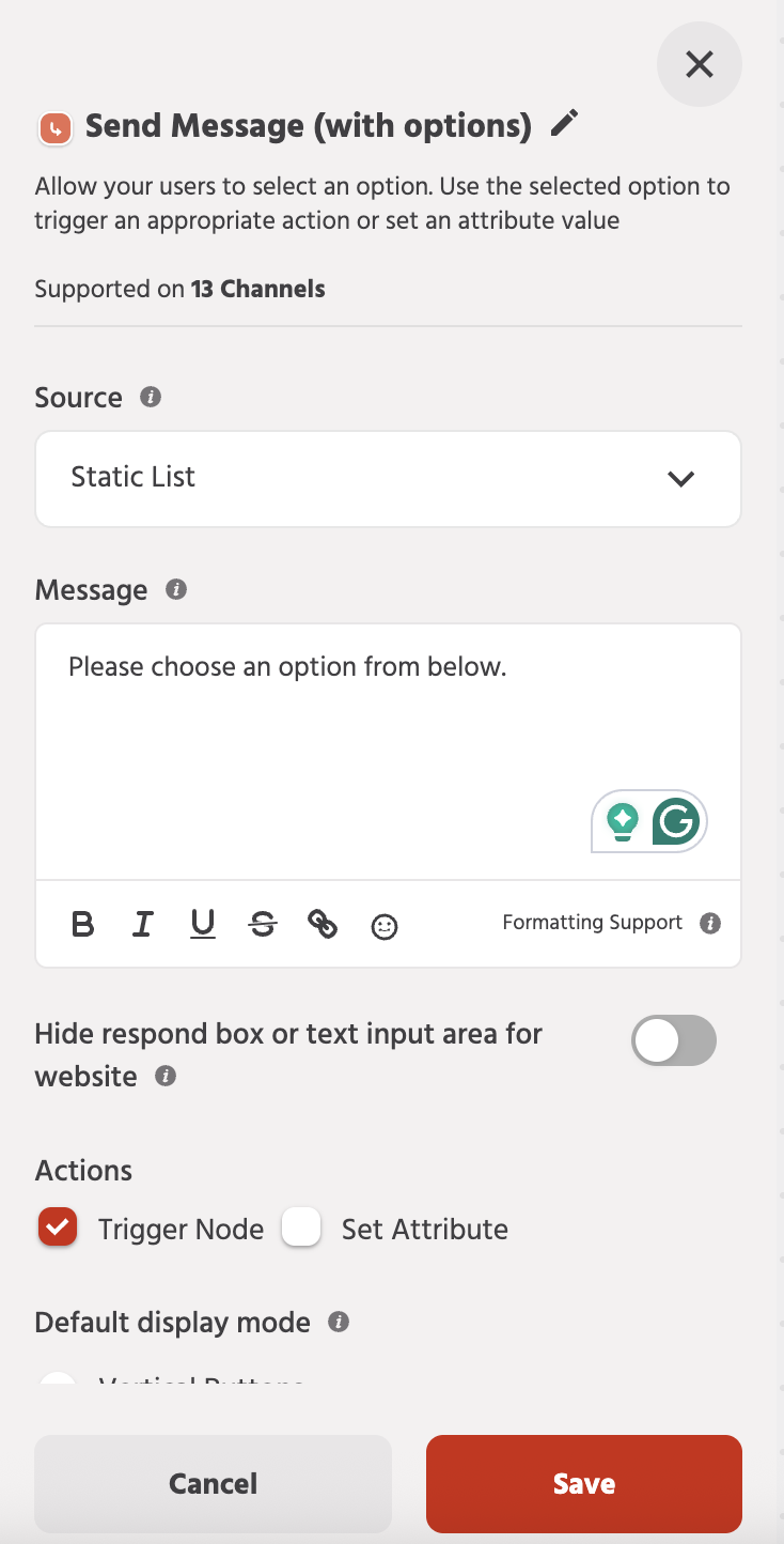 showing how a message is configured through an option node within a workflow or messaging interface.